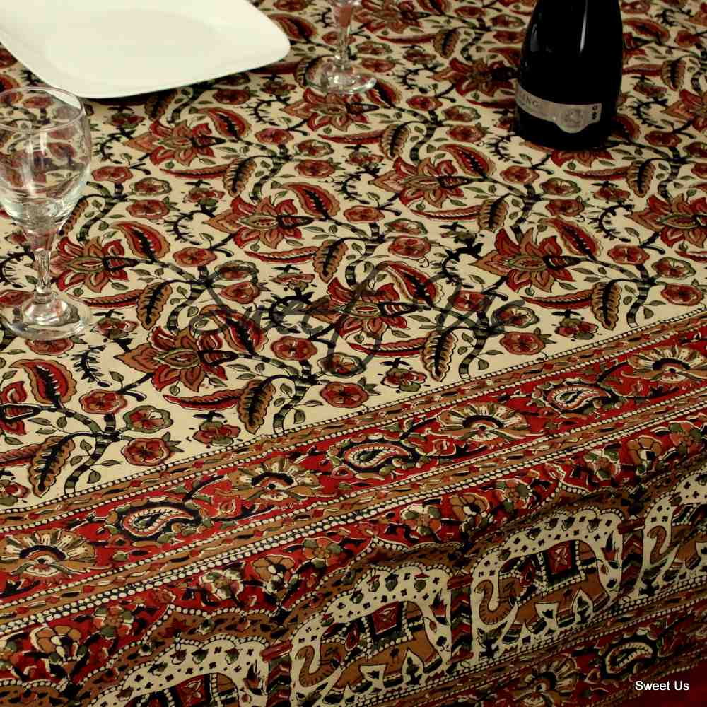 Block Print Floral Paisley Elephant Tablecloth Rectangle 70x102 Beige Gold Red