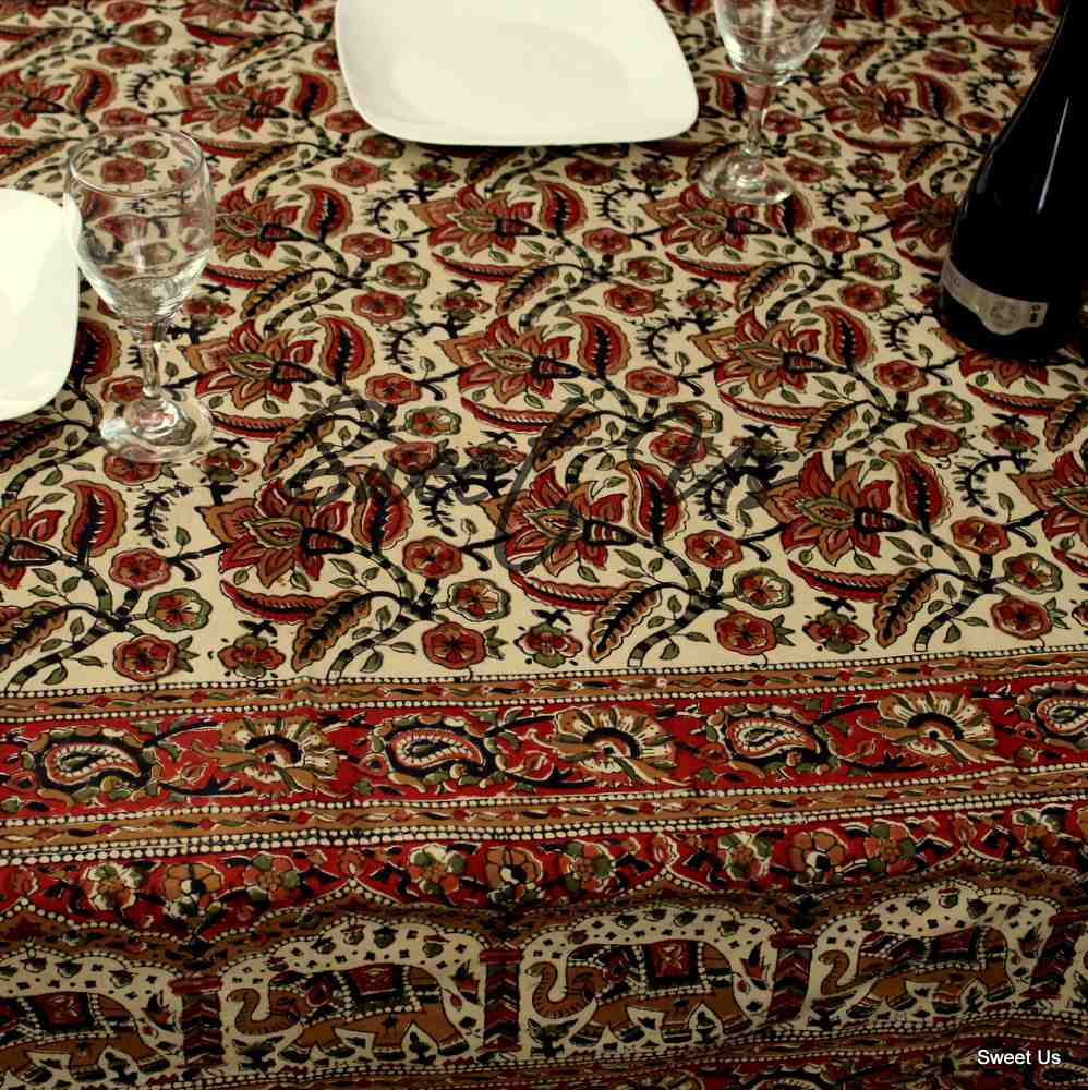 Block Print Floral Paisley Elephant Tablecloth Rectangle 70x102 Beige Gold Red
