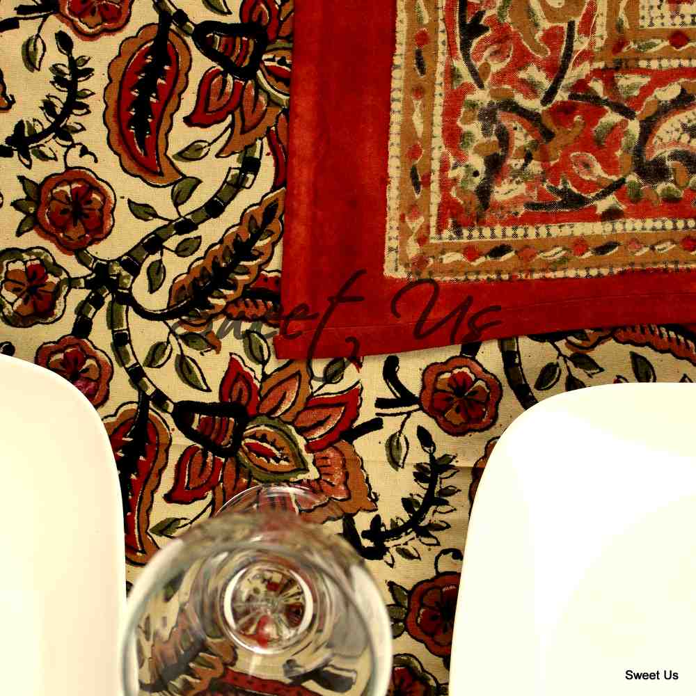 Block Print Floral Paisley Elephant Tablecloth Rectangle 70x102 Beige Gold Red