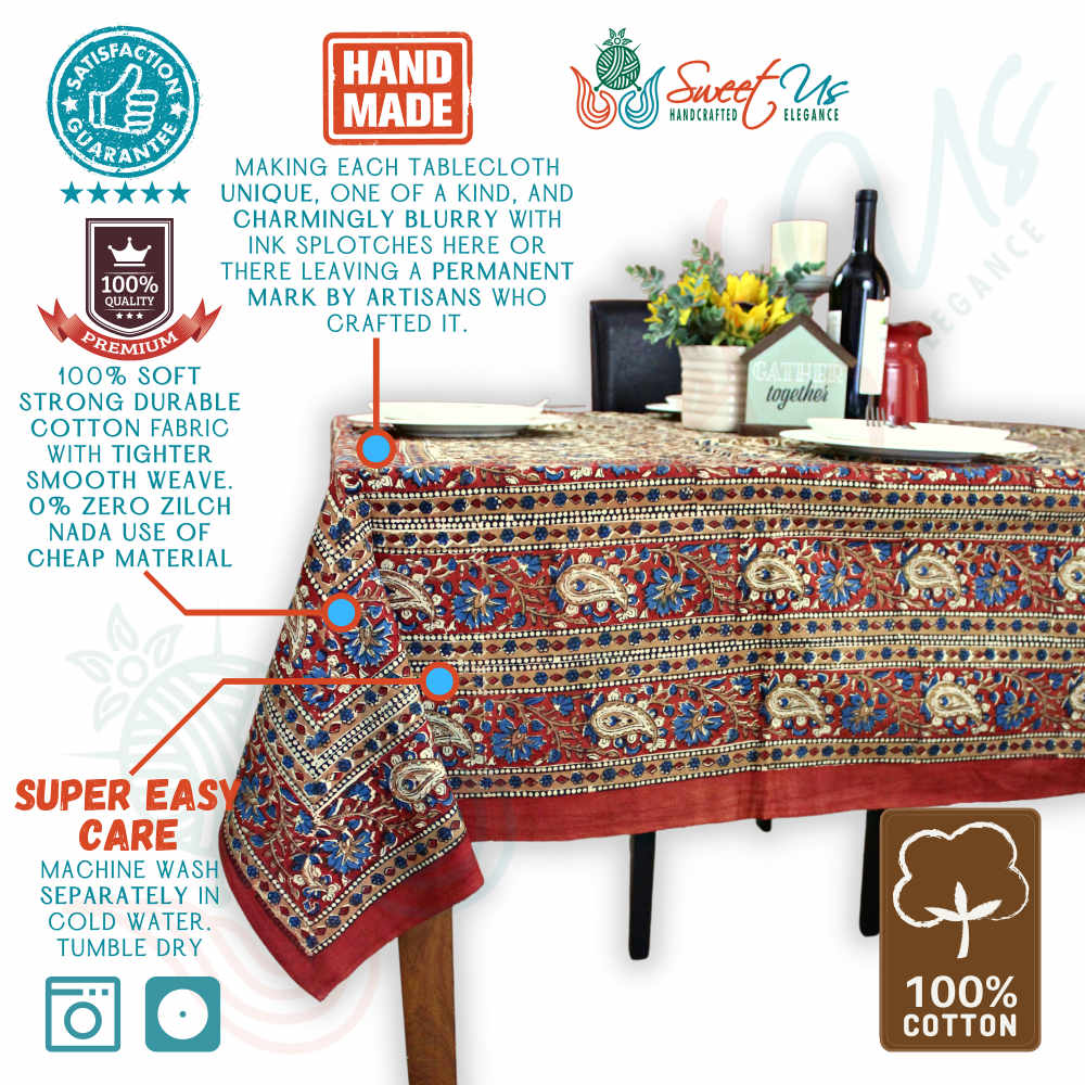 Block Print Floral Paisley Tablecloth Rectangle 70x102 Beige Gold Red Blue