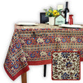 Block Print Floral Paisley Tablecloth Rectangle 70x102 Beige Gold Red Blue - Sweet Us