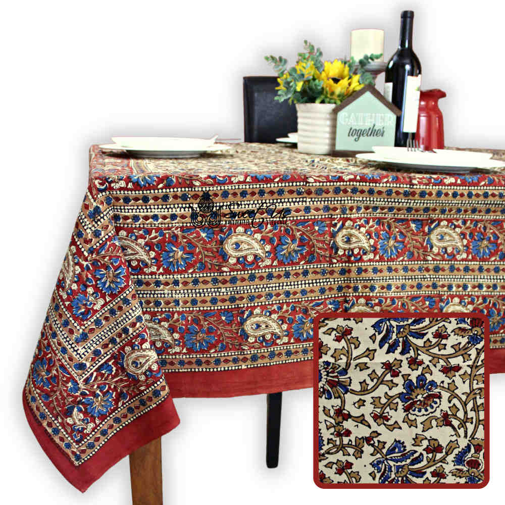 Block Print Floral Paisley Tablecloth Rectangle 70x102 Beige Gold Red Blue