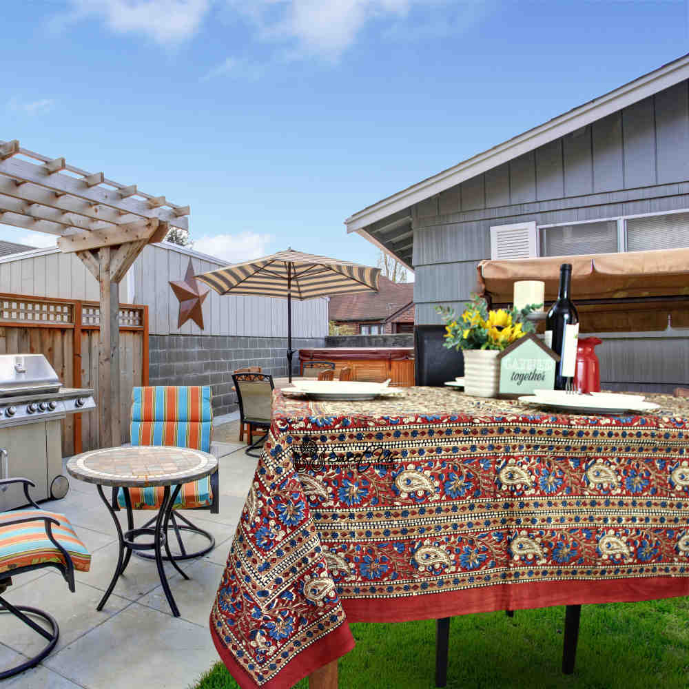 Block Print Floral Paisley Tablecloth Rectangle 70x102 Beige Gold Red Blue