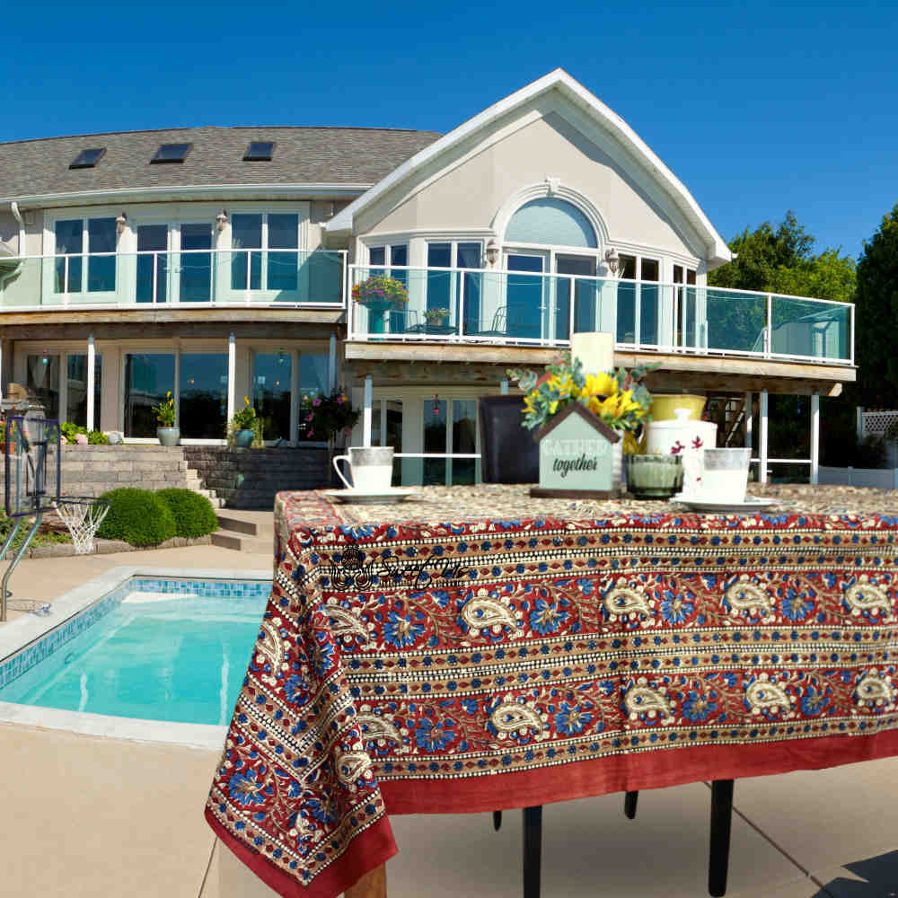 Block Print Floral Paisley Tablecloth Rectangle 70x102 Beige Gold Red Blue