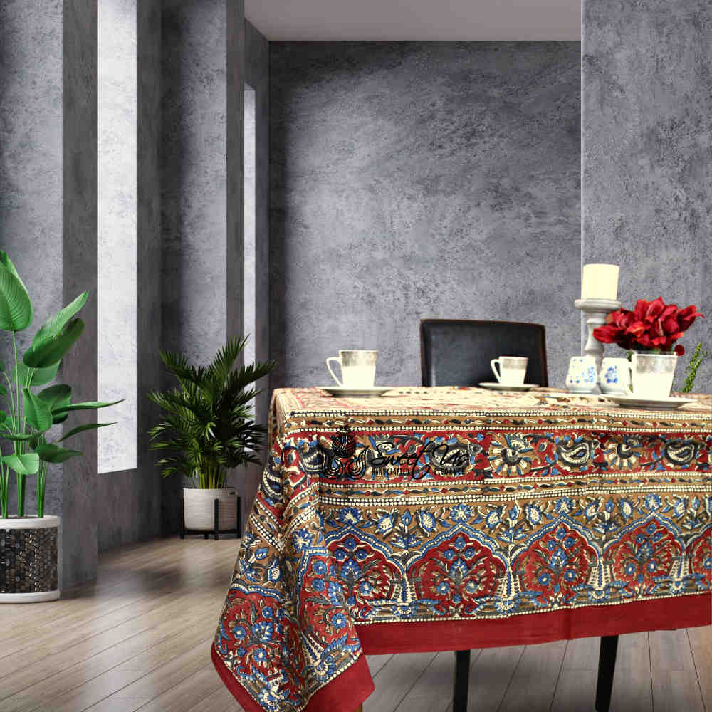 Block Print Floral Paisley Elephant Tablecloth Rectangle 70x102 Beige Red Blue