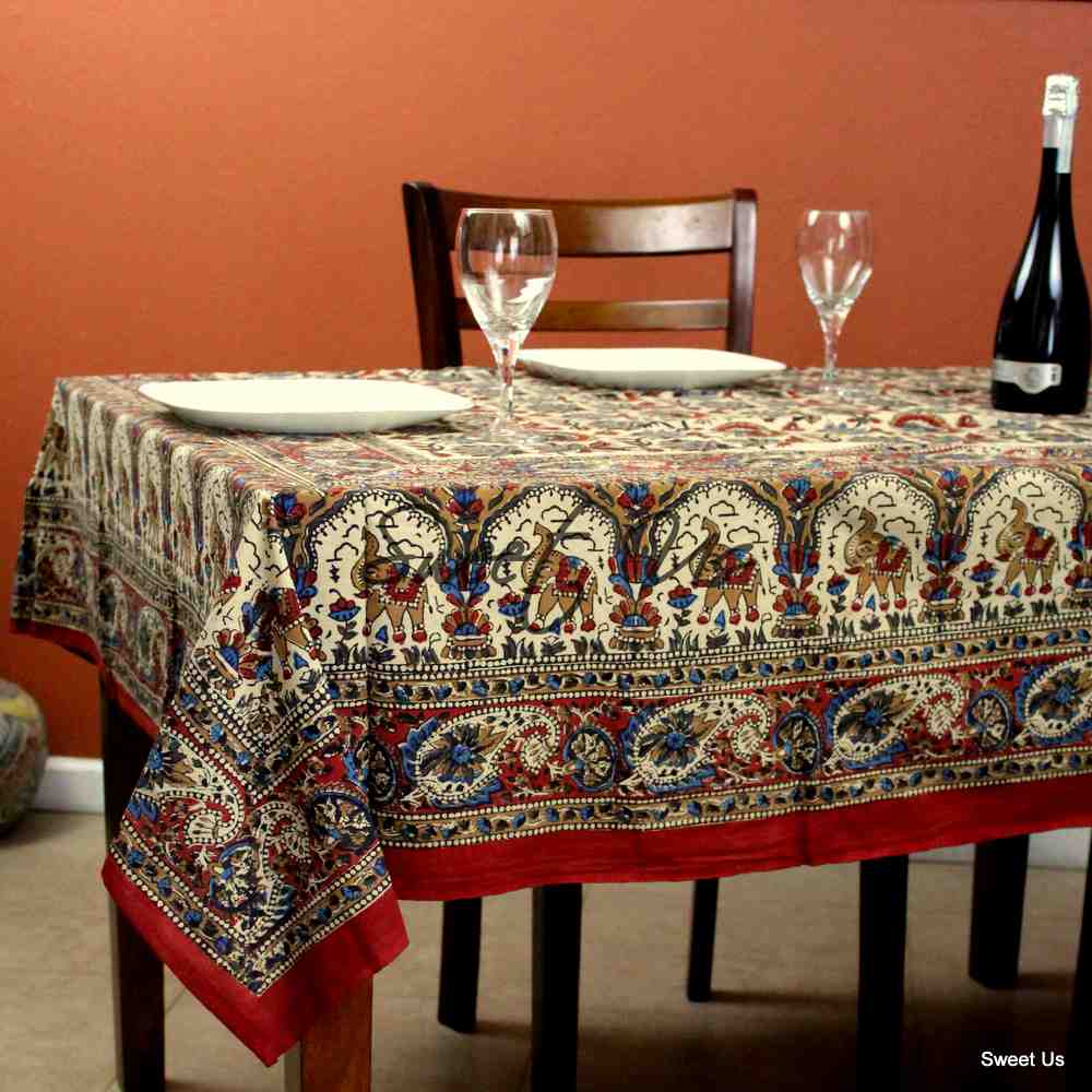 Block Print Floral Paisley Elephant Tablecloth Rectangle 70x102 Beige Red Blue