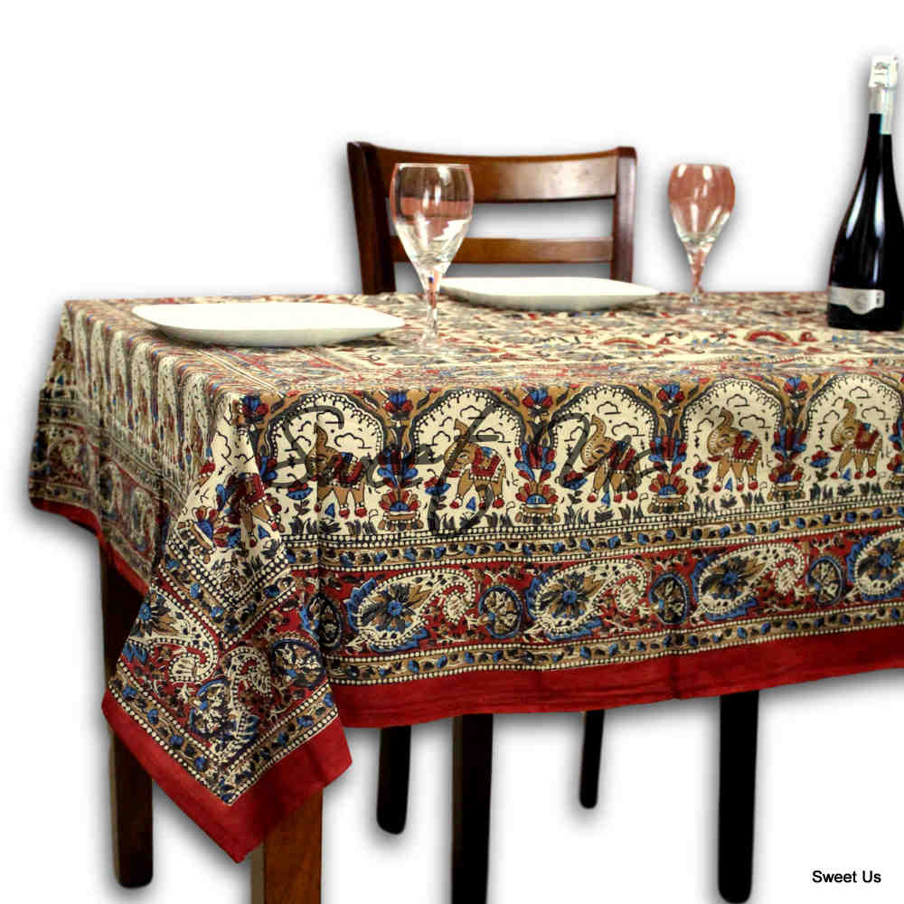 Block Print Floral Paisley Elephant Tablecloth Rectangle 70x102 Beige Red Blue