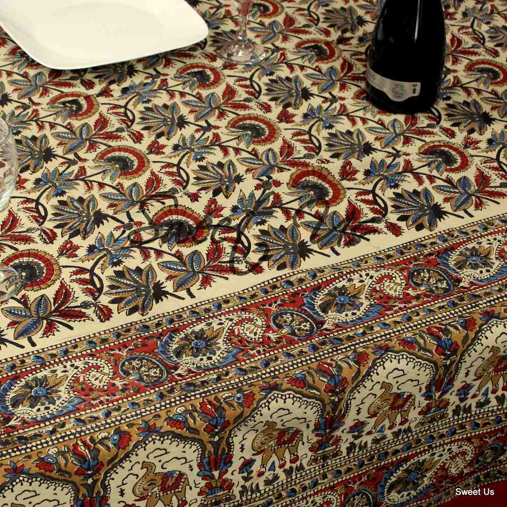 Block Print Floral Paisley Elephant Tablecloth Rectangle 70x102 Beige Red Blue