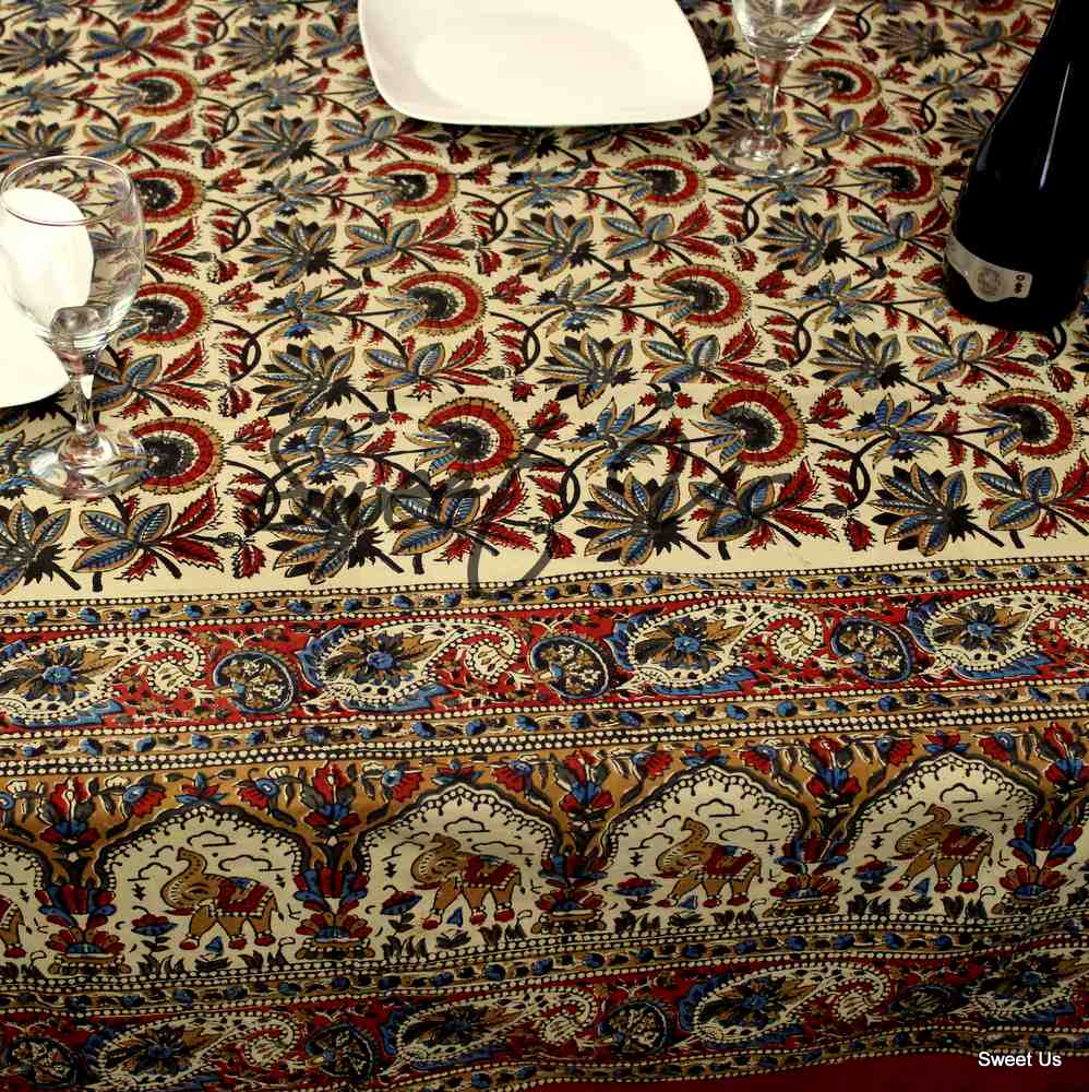 Block Print Floral Paisley Elephant Tablecloth Rectangle 70x102 Beige Red Blue