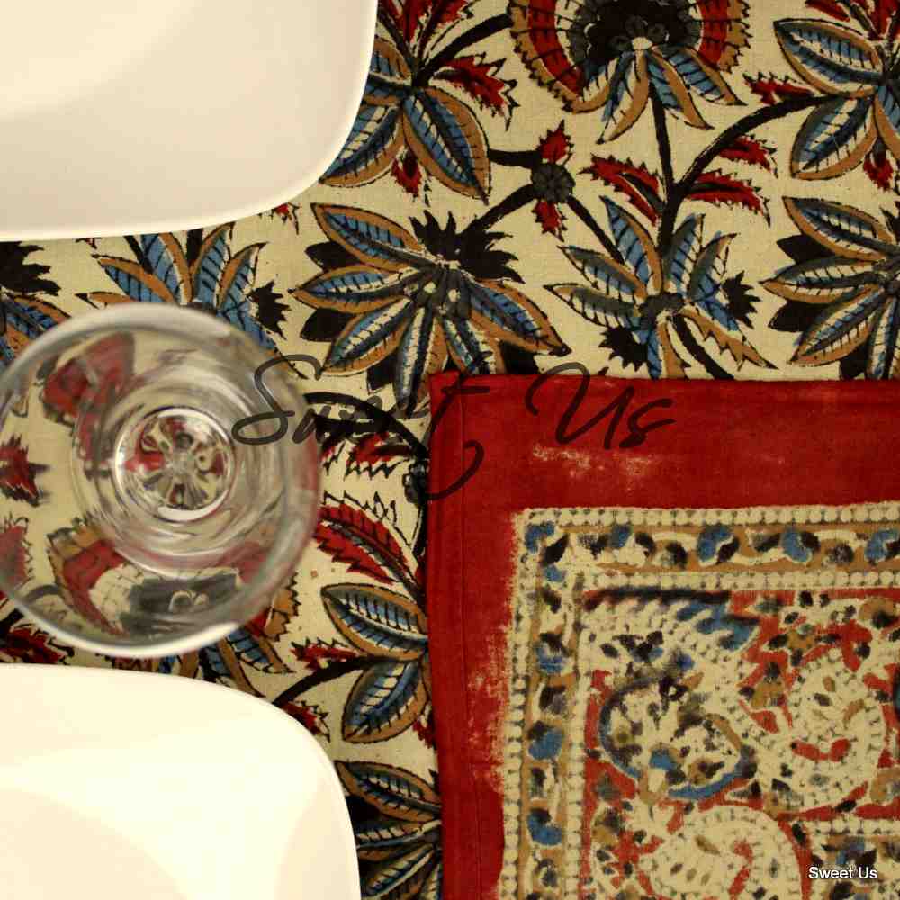 Block Print Floral Paisley Elephant Tablecloth Rectangle 70x102 Beige Red Blue