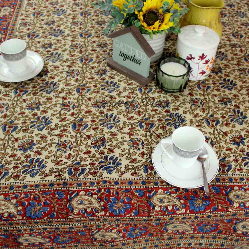 Block Print Floral Paisley Tablecloth Rectangle 70x102 Beige Gold Red Blue