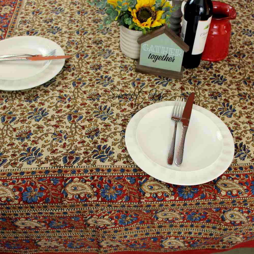 Block Print Floral Paisley Tablecloth Rectangle 70x102 Beige Gold Red Blue