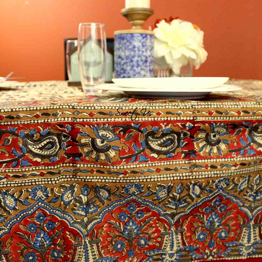 Block Print Floral Paisley Elephant Tablecloth Rectangle 70x102 Beige Red Blue