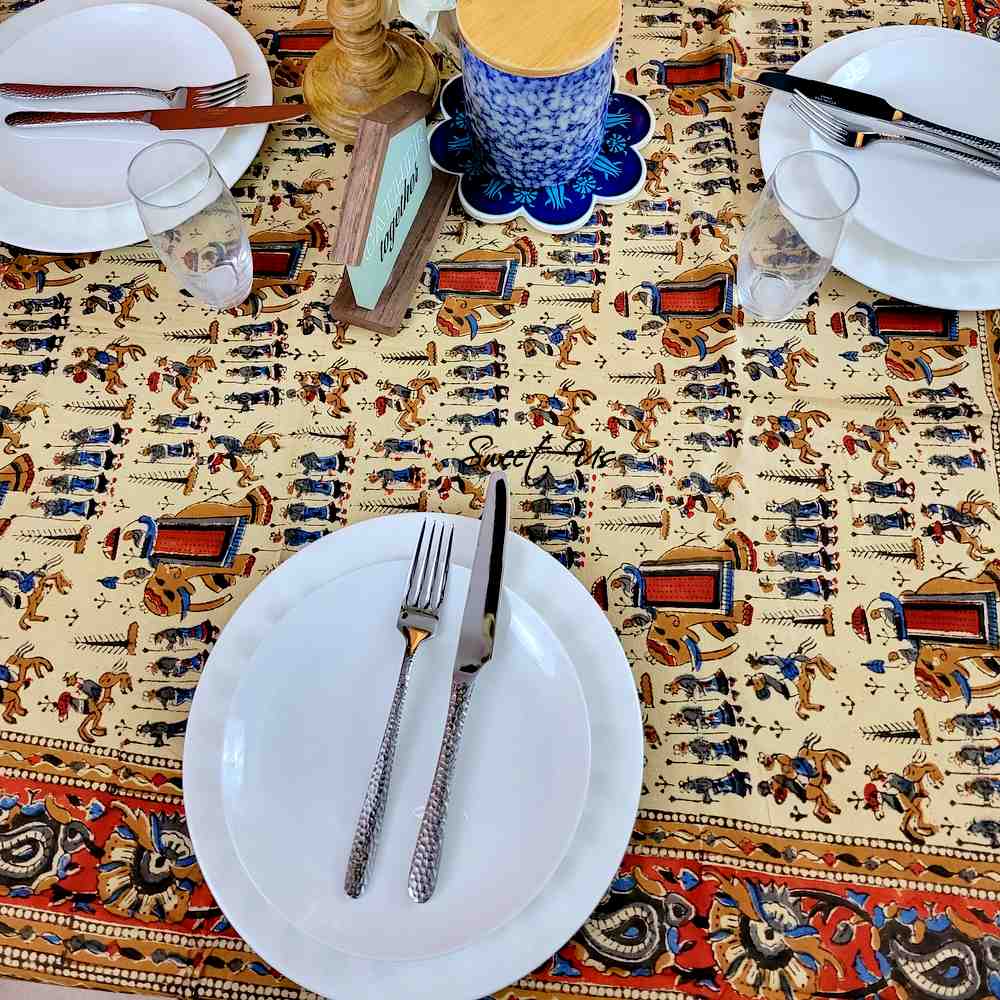 Block Print Floral Paisley Elephant Tablecloth Rectangle 70x102 Beige Red Blue