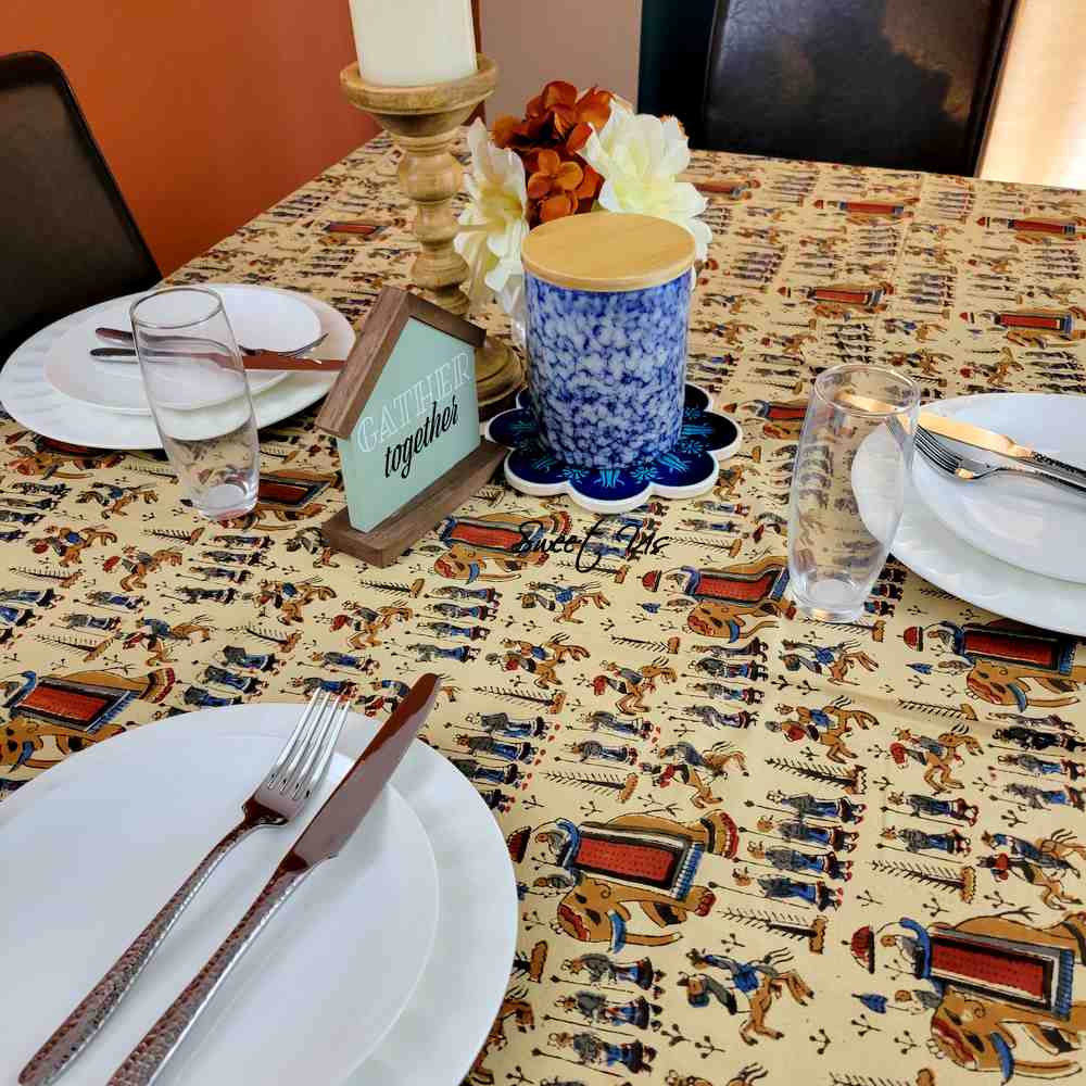 Block Print Floral Paisley Elephant Tablecloth Rectangle 70x102 Beige Red Blue