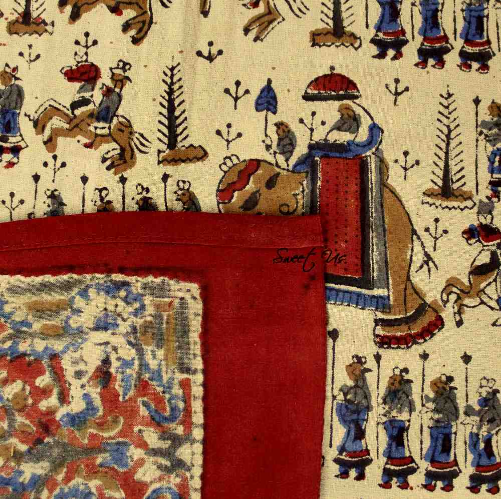 Block Print Floral Paisley Elephant Tablecloth Rectangle 70x102 Beige Red Blue