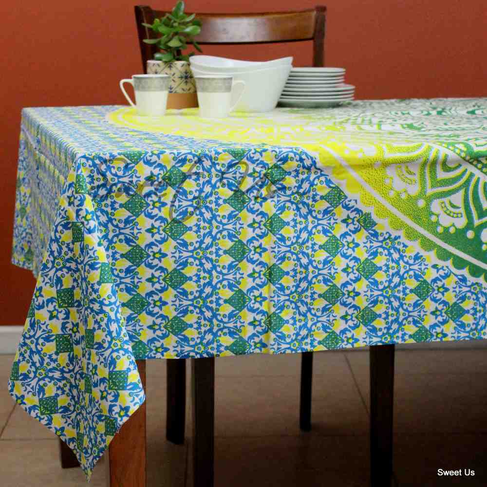 Cotton Tie Dye Floral Tablecloth Rectangle White Orange Blue Green Dining Linen