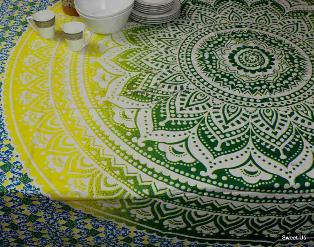 Cotton Tie Dye Floral Tablecloth Rectangle White Orange Blue Green Dining Linen