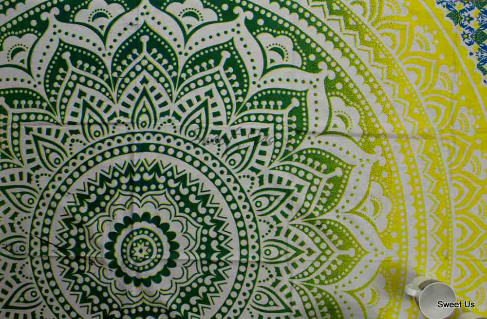 Cotton Tie Dye Floral Tablecloth Rectangle White Orange Blue Green Dining Linen