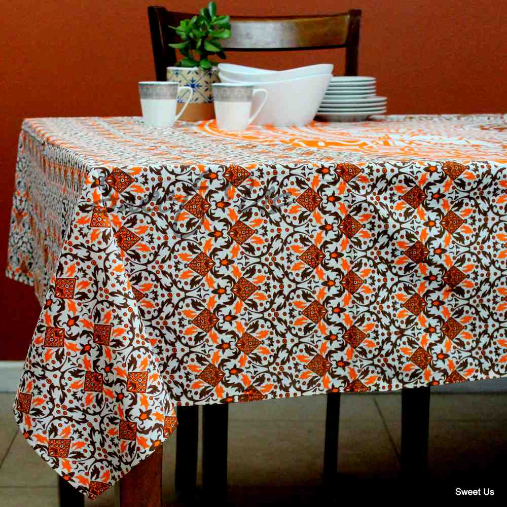 Cotton Tie Dye Floral Tablecloth Rectangle White Orange Blue Green Dining Linen