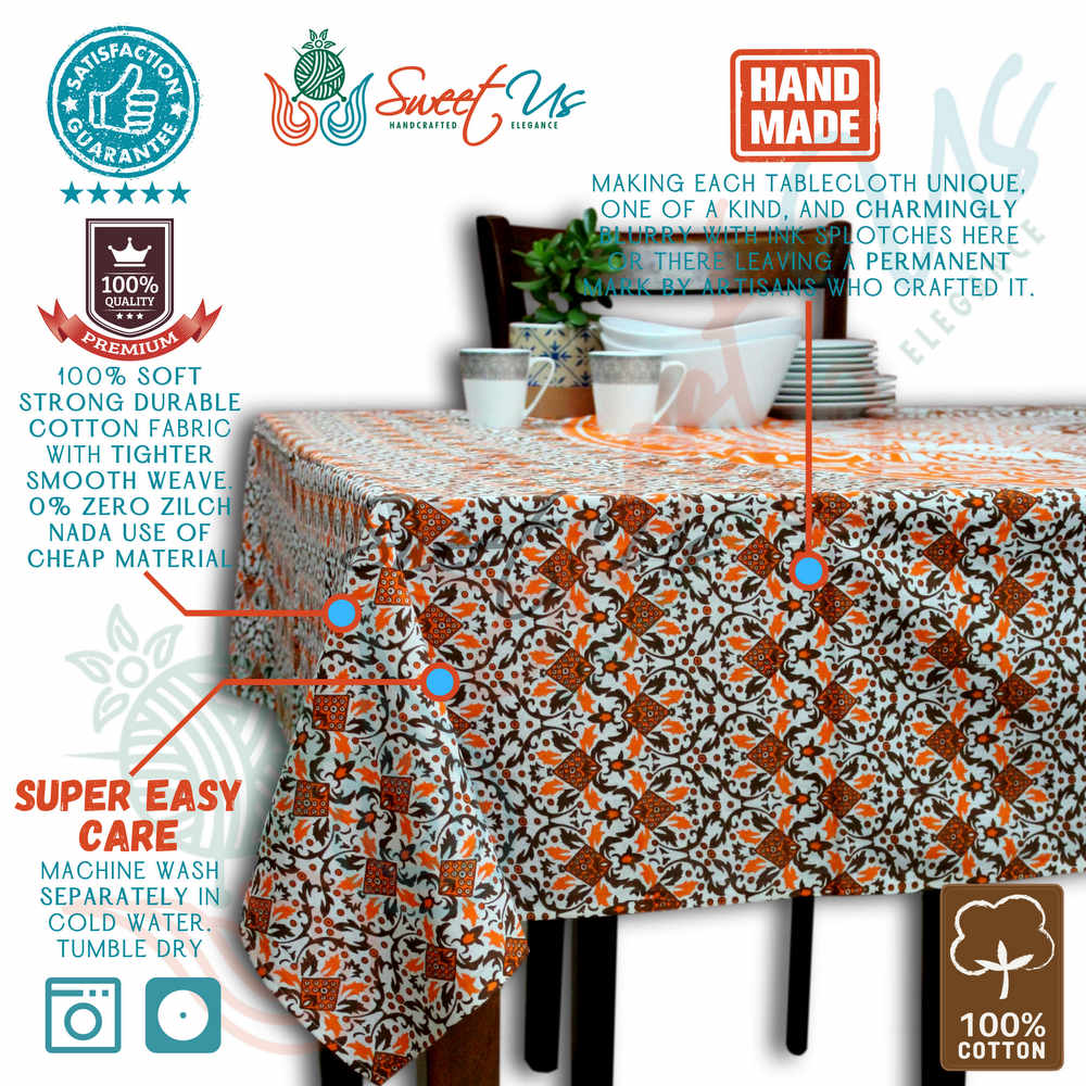 Cotton Tie Dye Floral Tablecloth Rectangle White Orange Blue Green Dining Linen