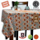 Cotton Tie Dye Floral Tablecloth Rectangle White Orange Blue Green Dining Linen