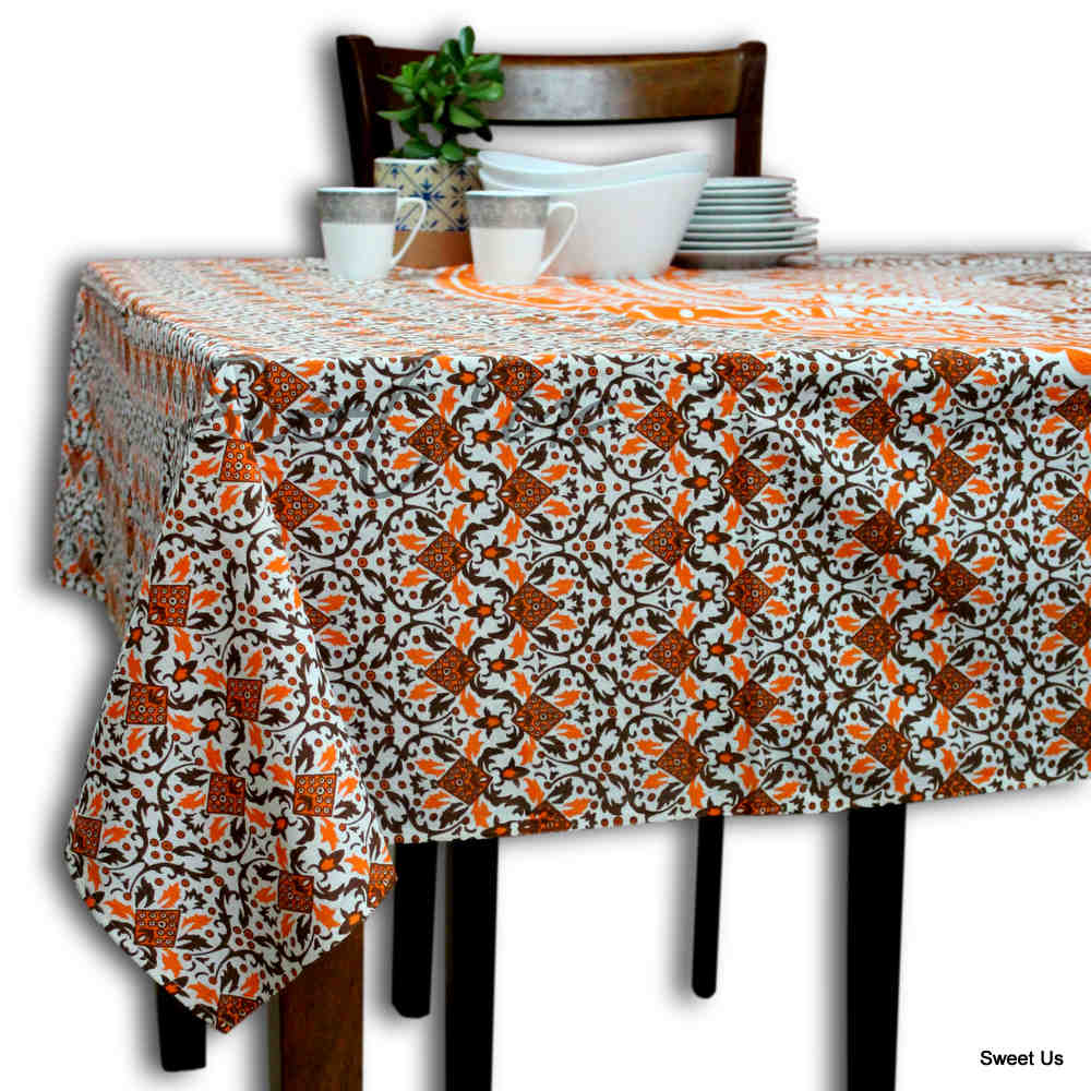 Cotton Tie Dye Floral Tablecloth Rectangle White Orange Blue Green Dining Linen