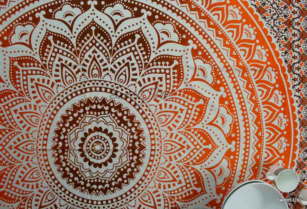 Cotton Tie Dye Floral Tablecloth Rectangle White Orange Blue Green Dining Linen