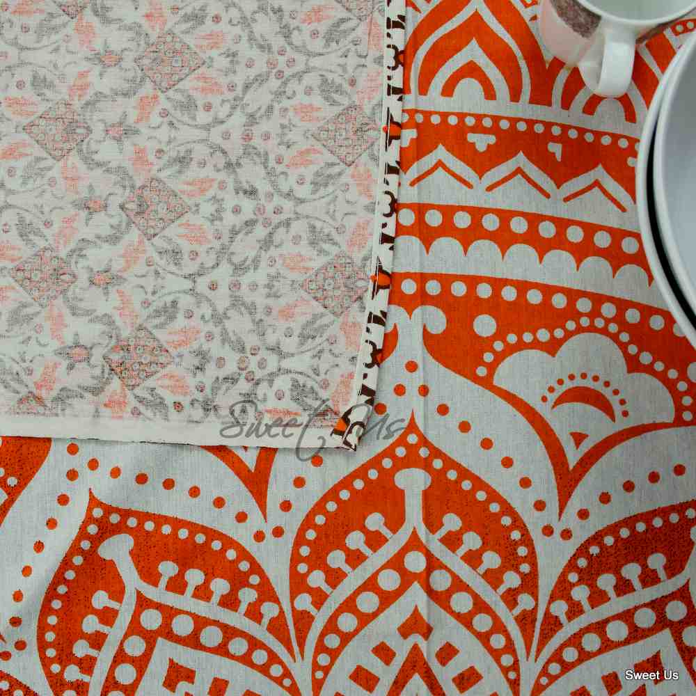 Cotton Tie Dye Floral Tablecloth Rectangle White Orange Blue Green Dining Linen