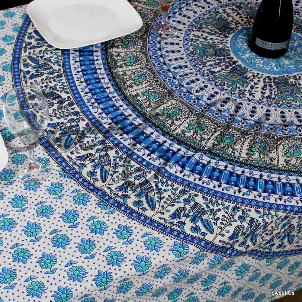 Elephant Mandala Cotton Tablecloth Rectangle Bed Sheet Full Blue Green Red
