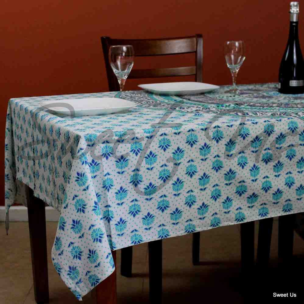 Elephant Mandala Cotton Tablecloth Rectangle Bed Sheet Full Blue Green Red