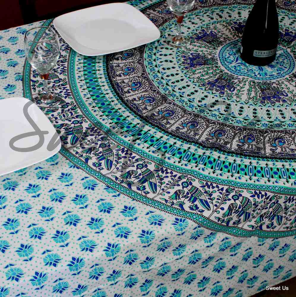 Elephant Mandala Cotton Tablecloth Rectangle Bed Sheet Full Blue Green Red