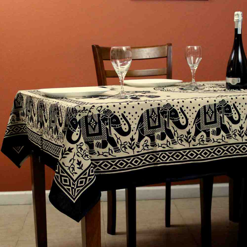 Cotton Majestic Elephant Tablecloth Rectangle Off White, Black