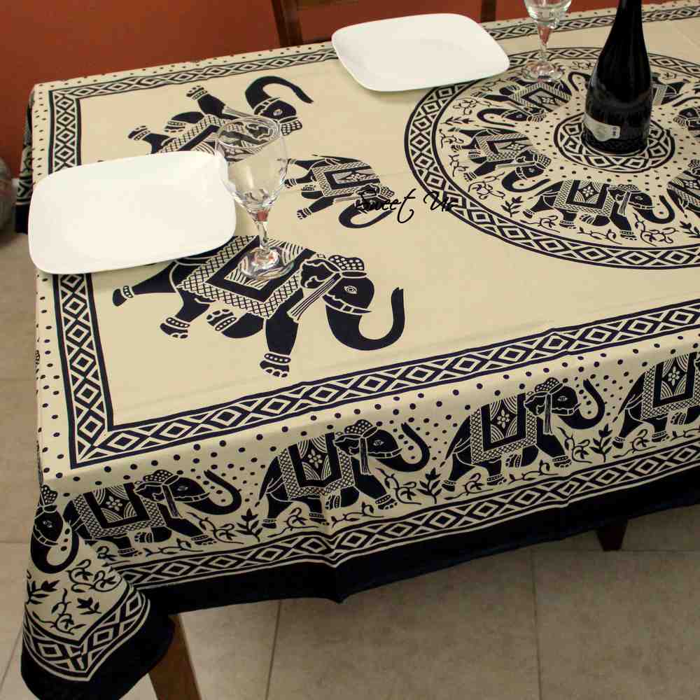Cotton Majestic Elephant Tablecloth Rectangle Off White, Black