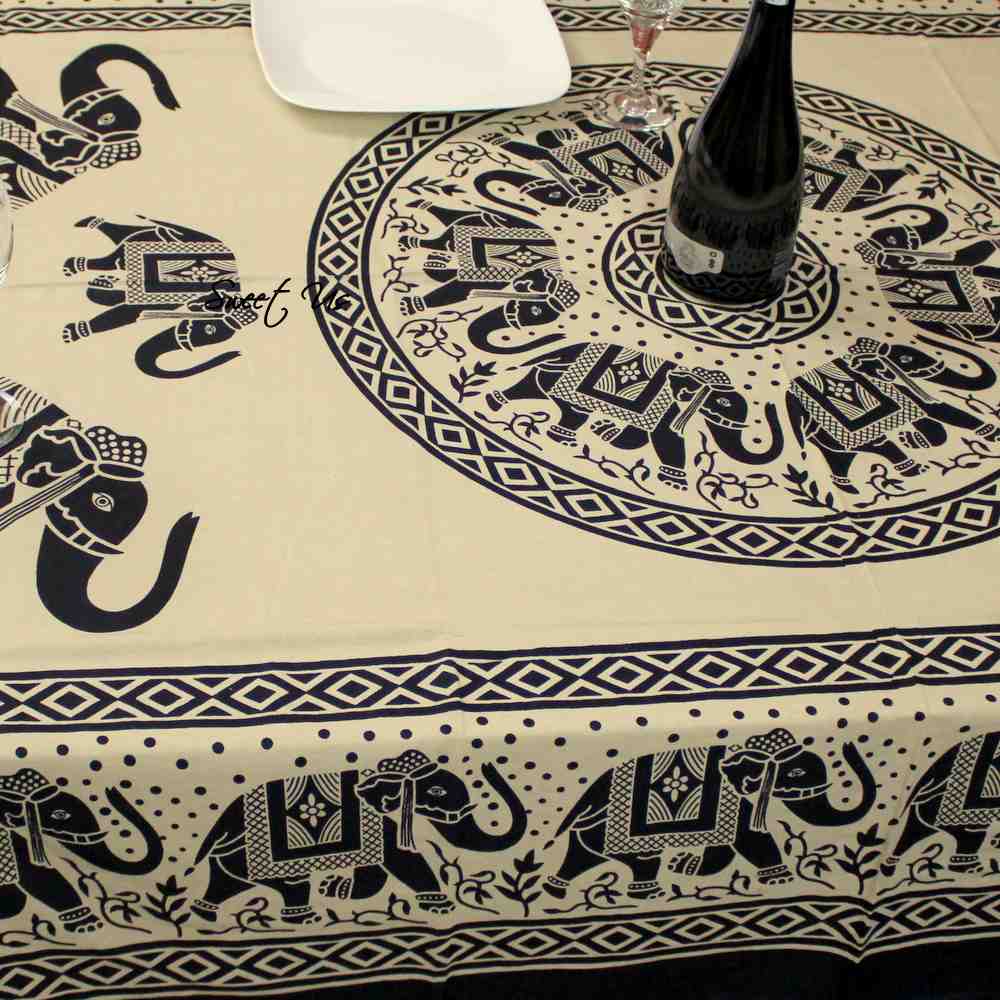 Cotton Majestic Elephant Tablecloth Rectangle Off White, Black