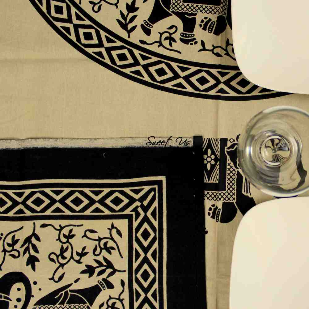 Cotton Majestic Elephant Tablecloth Rectangle Off White, Black