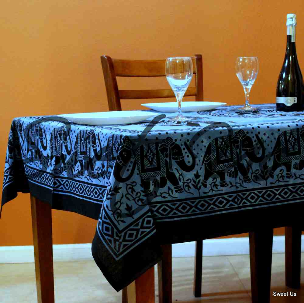 Cotton Mandala Elephant Floral Tablecloth Rectangle 60x90 Blue Black
