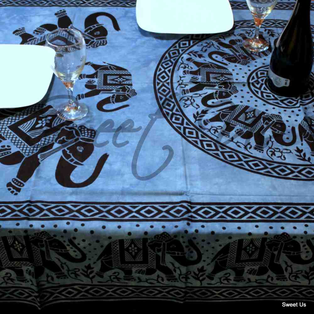 Cotton Mandala Elephant Floral Tablecloth Rectangle 60x90 Blue Black