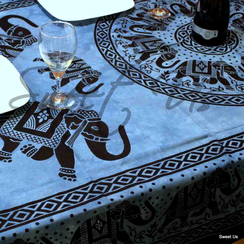 Cotton Mandala Elephant Floral Tablecloth Rectangle 60x90 Blue Black