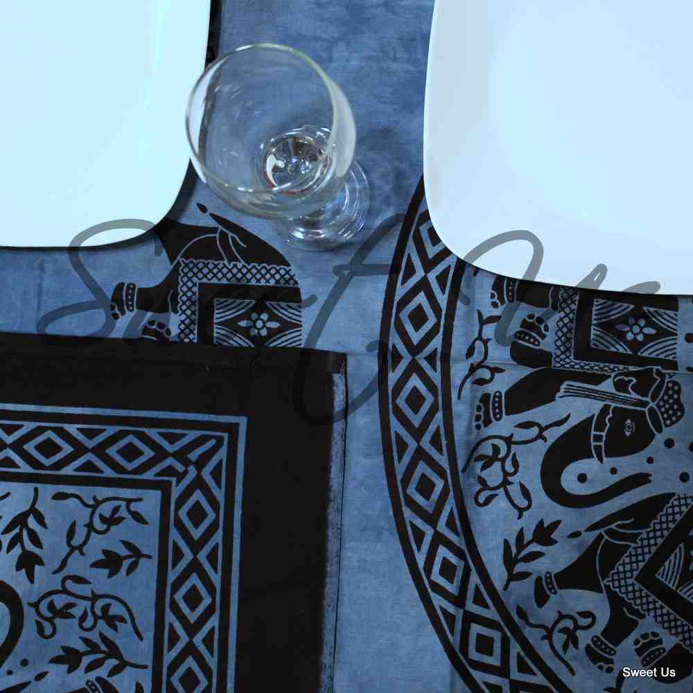 Cotton Mandala Elephant Floral Tablecloth Rectangle 60x90 Blue Black