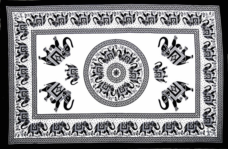 Handmade 100% Cotton Mandala Elephant Tapestry Tablecloth Coverlet Bedspread Beach Sheet Dorm Decor 60x90 White Black - Sweet Us