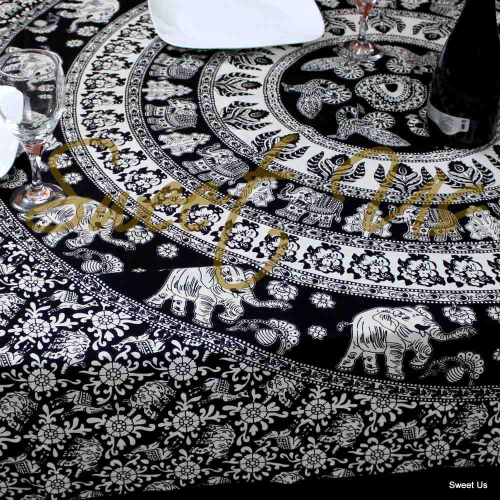 Cotton Elephant Mandala floral Tablecloth Rectangle 60x90 Black White Blue