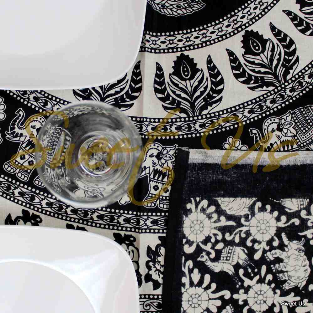 Cotton Elephant Mandala floral Tablecloth Rectangle 60x90 Black White Blue