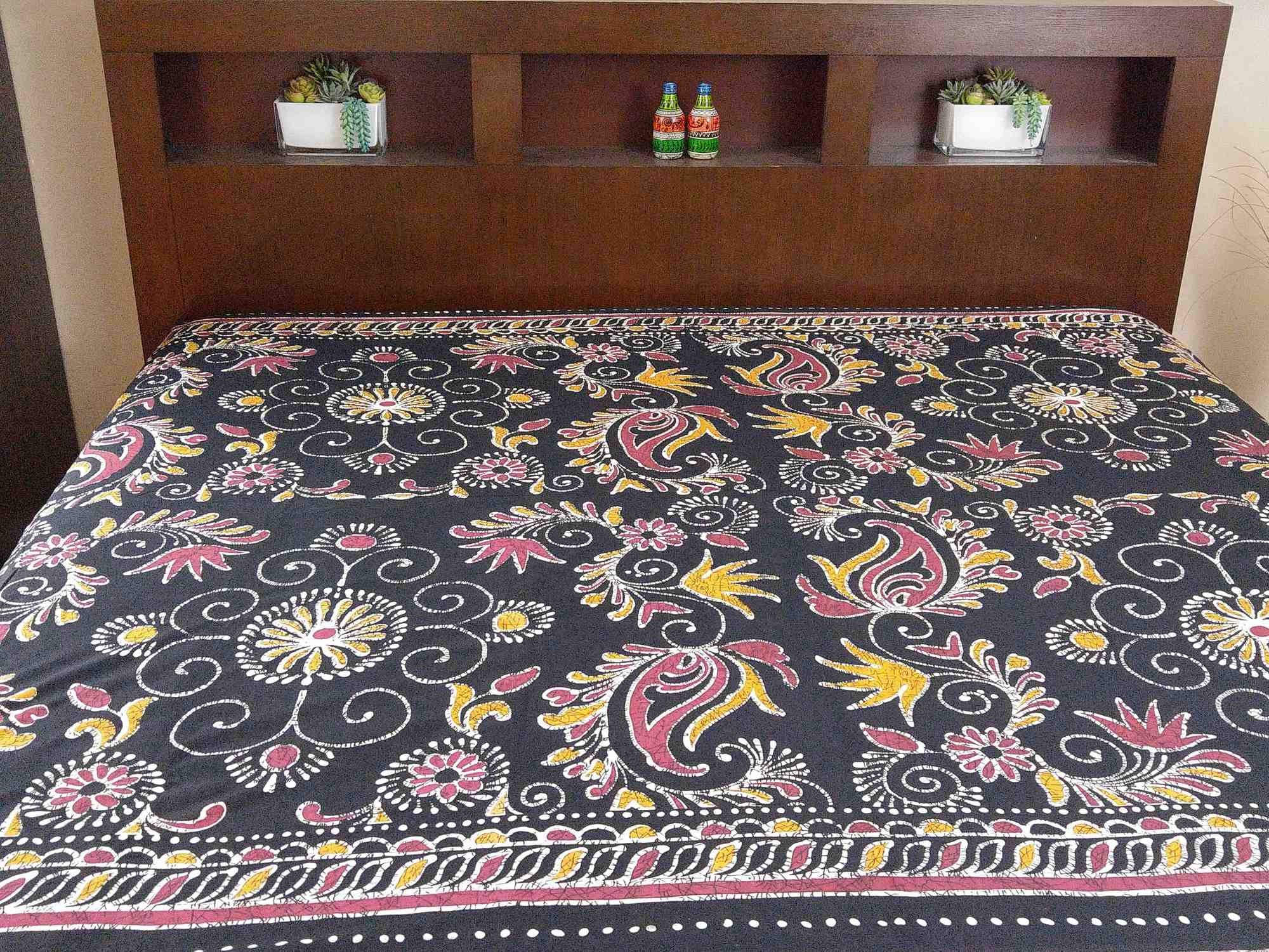 Handmade 100% Cotton Floral Batik Bedspread Coverlet Bed Sheet Tapestry Tablecloth Throw Twin Black Red - Sweet Us