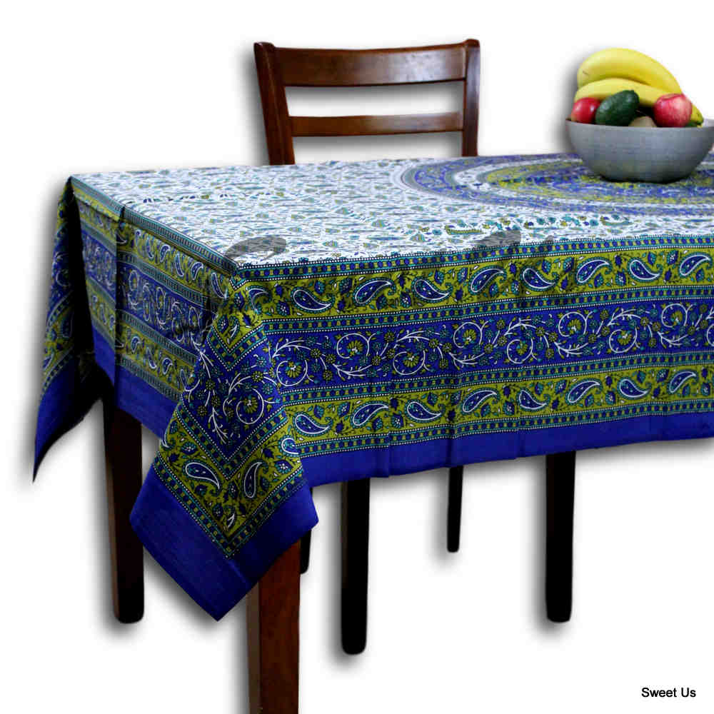 Cotton Mandala Paisley Floral Tablecloth 64x90 Rectangle Blue Green - Sweet Us