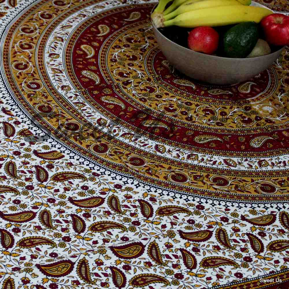 Paisley Mandala Cotton Tablecloth 64x90 Rectangle Brick Red Golden Brown - Sweet Us