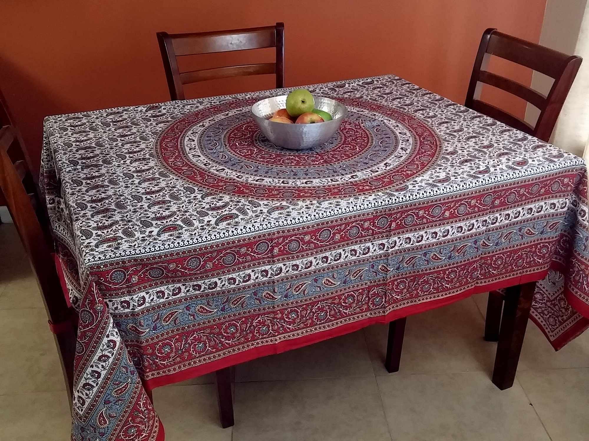Handmade 100% Cotton Paisley Mandala Tapestry Tablecloth Coverlet 87x90 Red Grey - Sweet Us