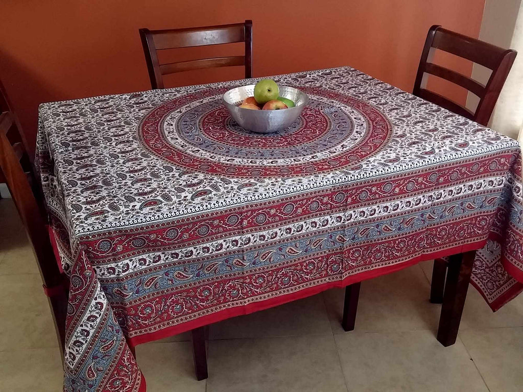 Handmade 100% Cotton Paisley Mandala Tapestry Tablecloth Coverlet 87x90 Red Grey - Sweet Us