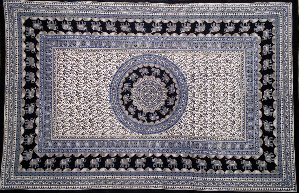 Handmade 100% Cotton Mandala Elephant Tapestry Tablecloth Coverlet Twin Blues - Sweet Us