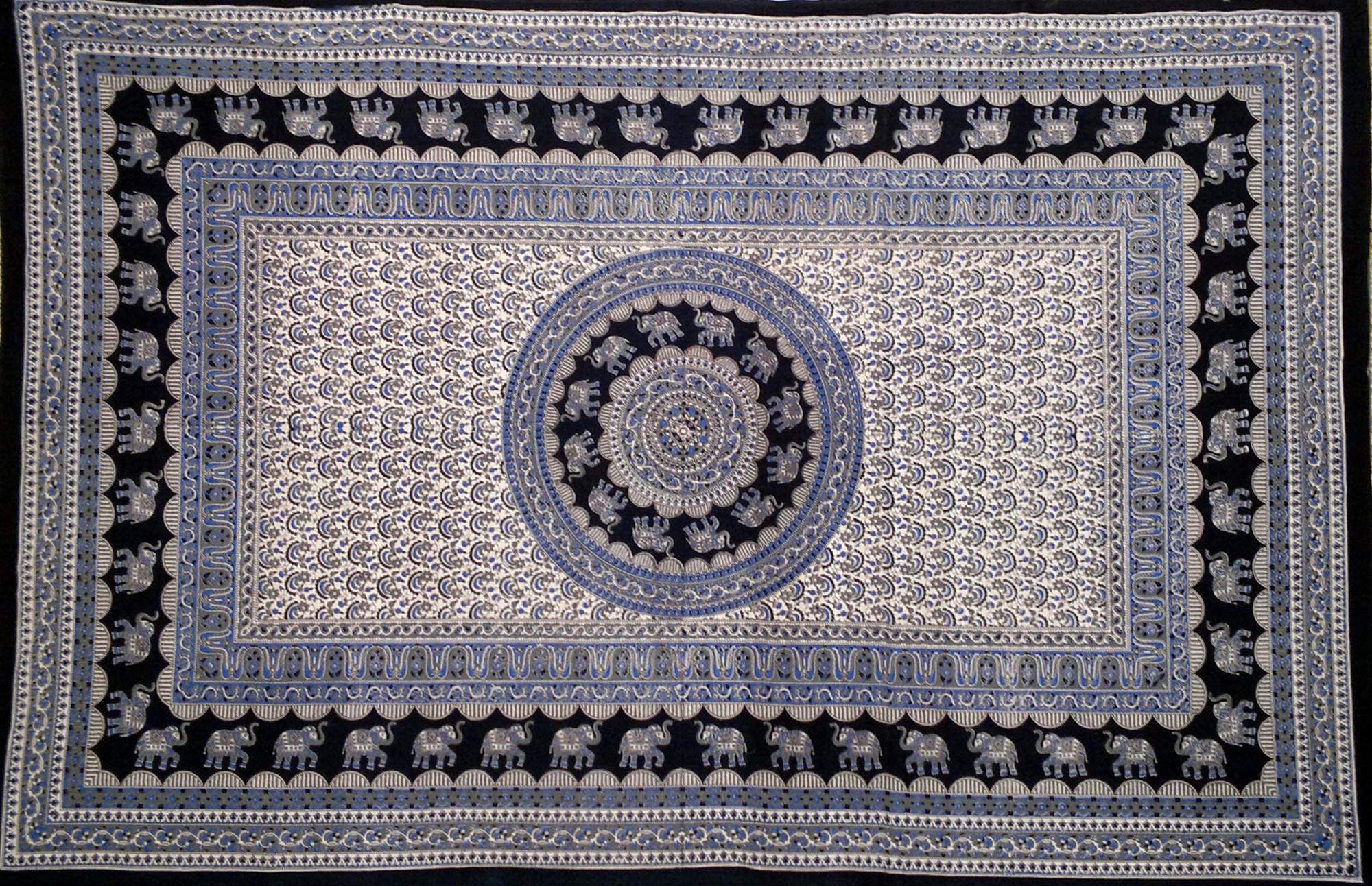 Handmade 100% Cotton Mandala Elephant Tapestry Tablecloth Coverlet Twin Blues - Sweet Us